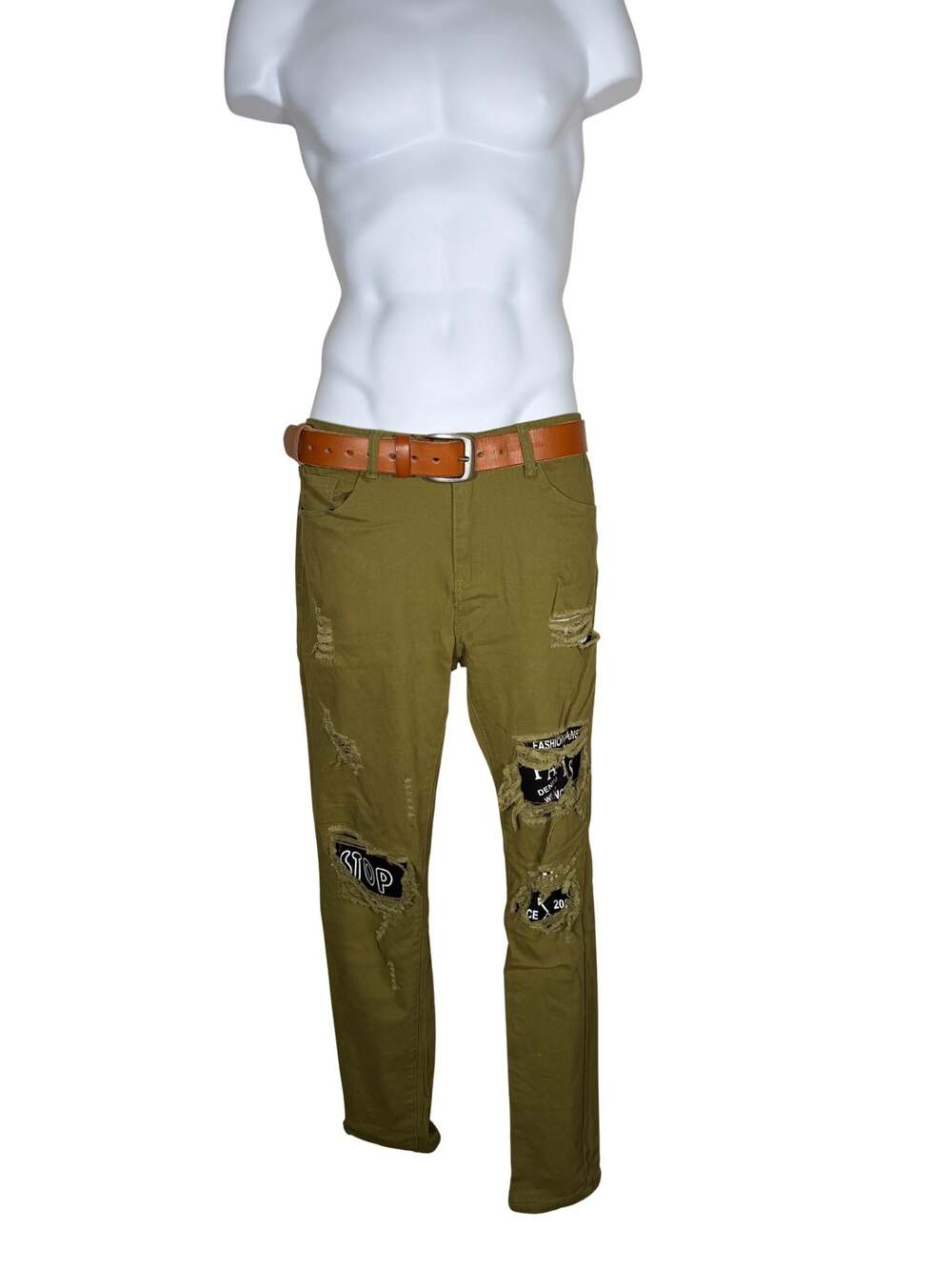 Western Classic’s Mens Distressed Olive Green Denim Jeans with Patchwork Detail